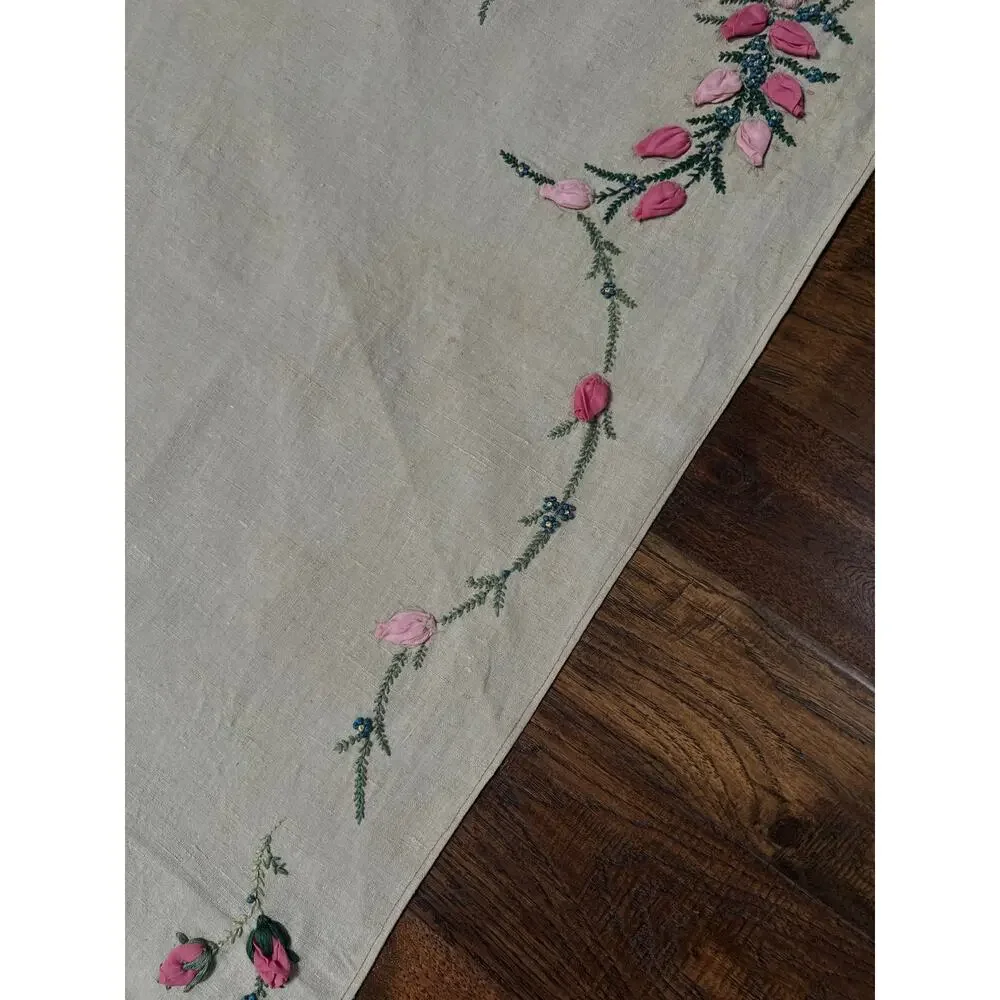 Vintage Rectangular Linen Table Runner Hand Embroidered Puffy Pink Rosebud Vine